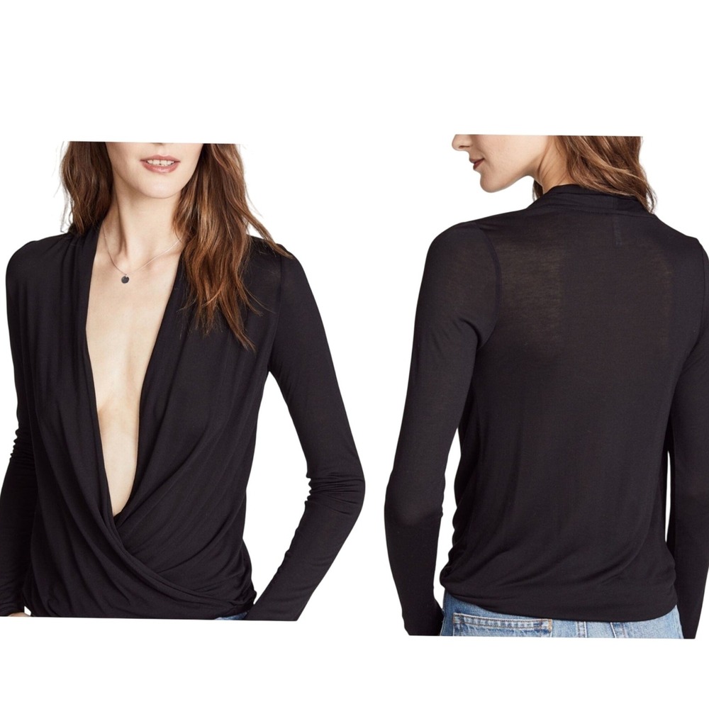 BCBGeneration Black Long Sleeve‎ Wrap Deep V Top NEW